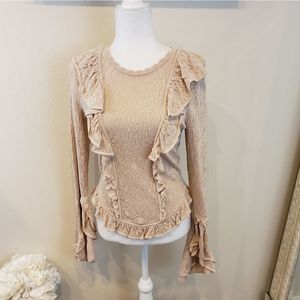 Ronny Kobo Pointelle Ruffle Knit Sweater in Blush